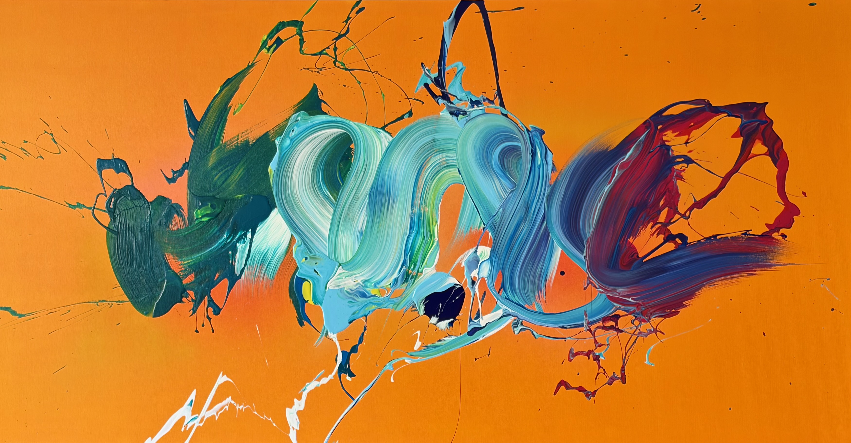 A horizontal wave of gestural brushstrokes in teal, mint and crimson across a vivid orange canvas